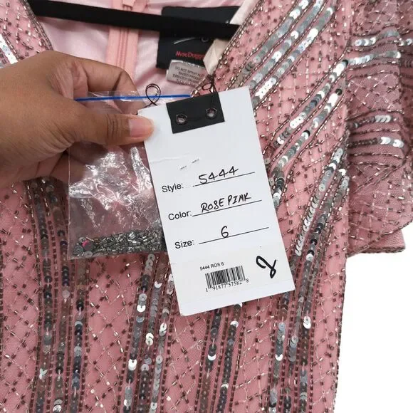 Mac Duggal Women 6 Striped Sequin V Neck Gown Rose Pink Beading 70108 NEW FLAW